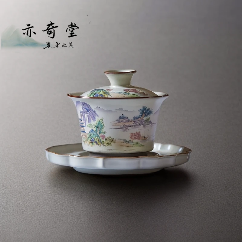 国宝窑陶瓷家用紫金山三才盖碗茶具防烫泡茶杯汝窑复古中式珐琅彩