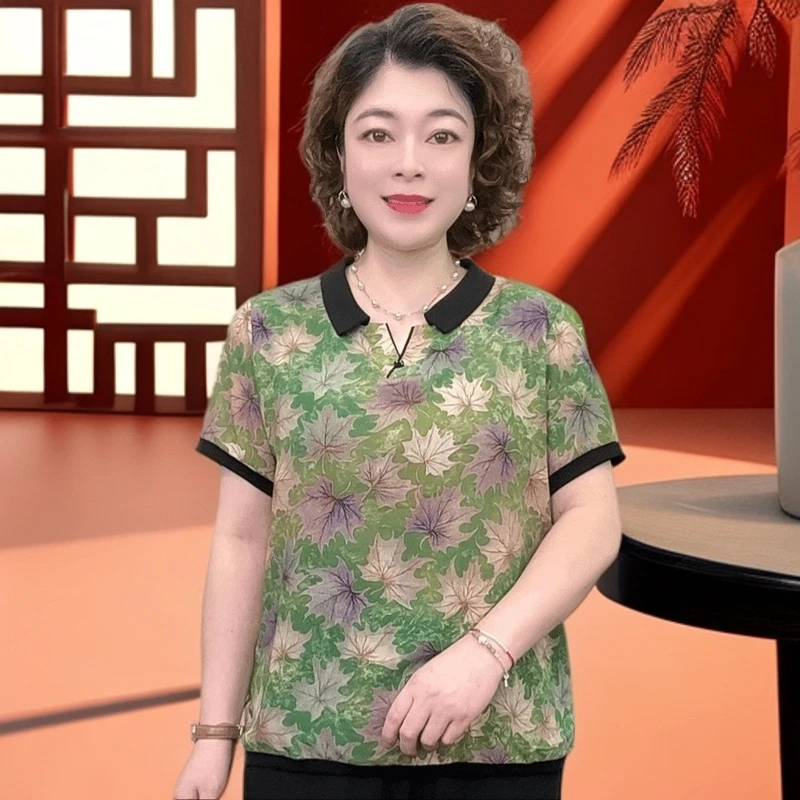 时尚短袖POLO领格子中老年女装夏装运动百搭夏季