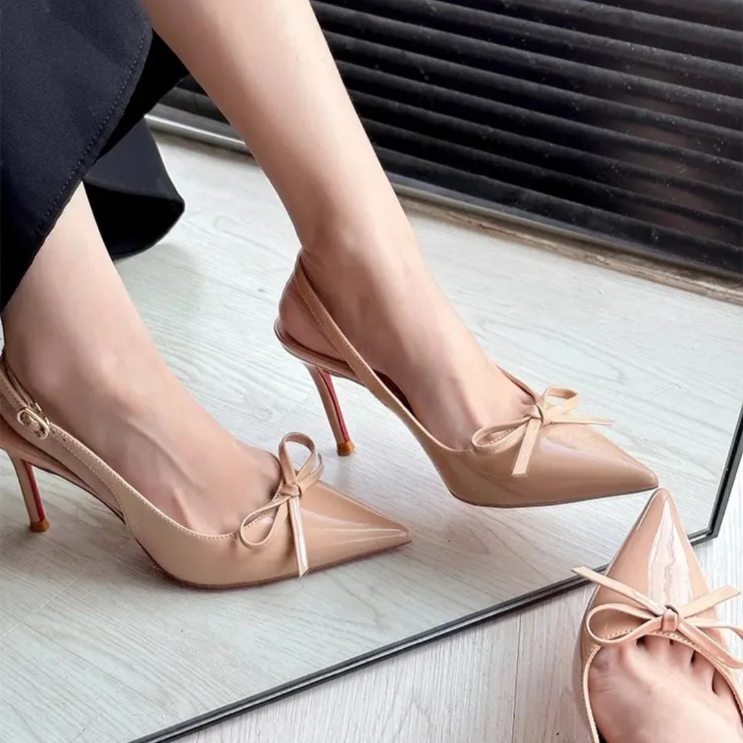蝴蝶结凉鞋羊皮垫~软底两个跟高~2025春款尖头包头后空细跟高跟