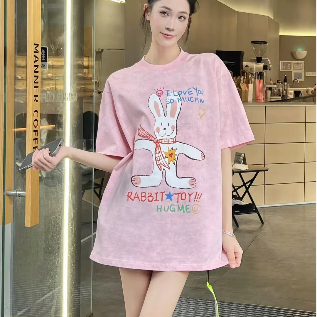 深圳南油原创新青年宽松兔子短袖休闲极简风卡通原宿风夏季长款T