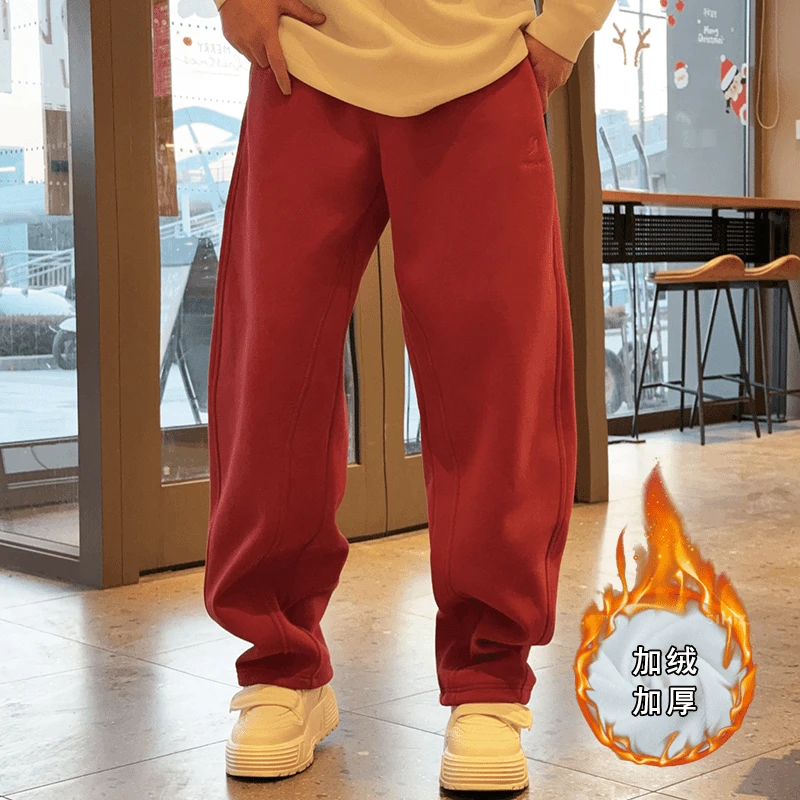 冬季新款加绒慵懒风阔腿休闲裤男大码潮牌宽松垂感拖地直筒长裤