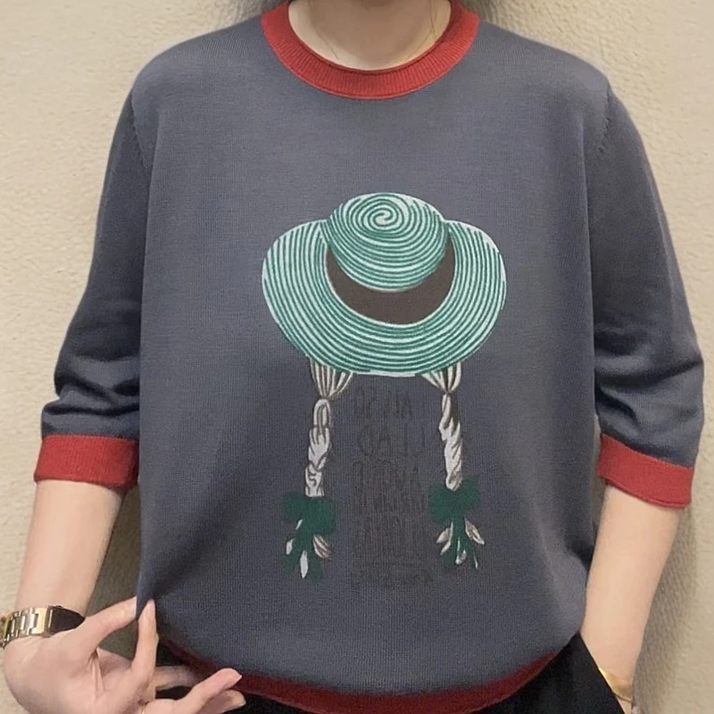 （中袖 纯色草帽）女款宽松针织衫