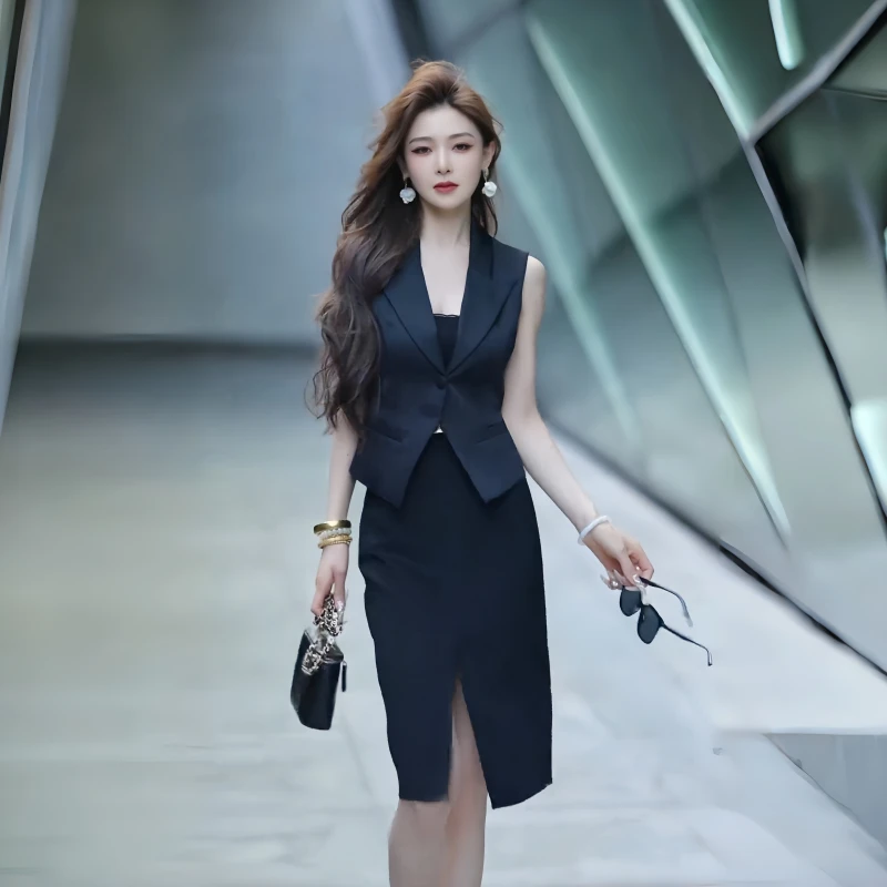 黑色西装马甲气质显瘦时尚背后蕾丝拼接修身无袖名媛女神范马甲女