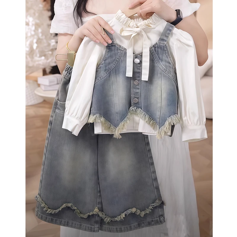 女童衬衫牛仔马甲阔腿裤三件套2025新款春秋款流苏蝴蝶结坎肩秋装