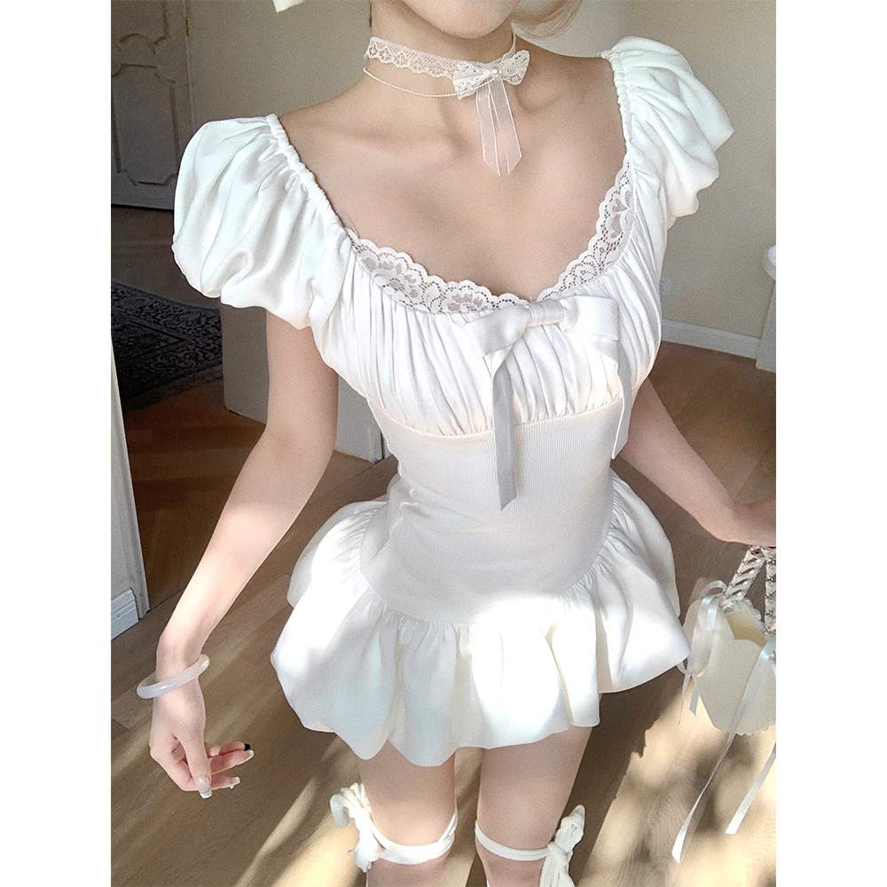 【海岛假日】奥斯汀少女高腰森系公主短裙白色拼接夏季纯欲连衣裙女