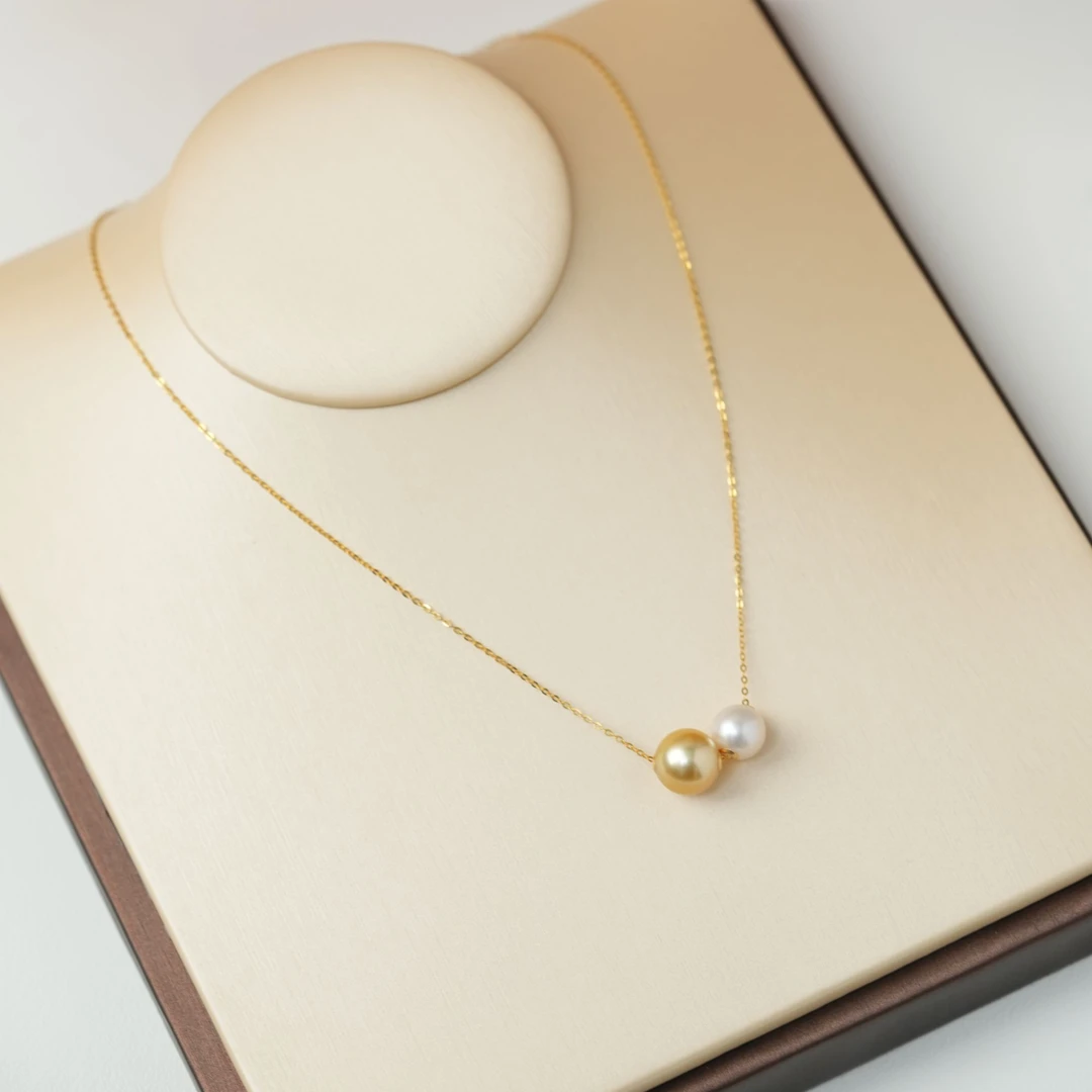 天然海水金珠澳白双珠珍珠项链8-11mm撞色款18K金路路通高级百搭