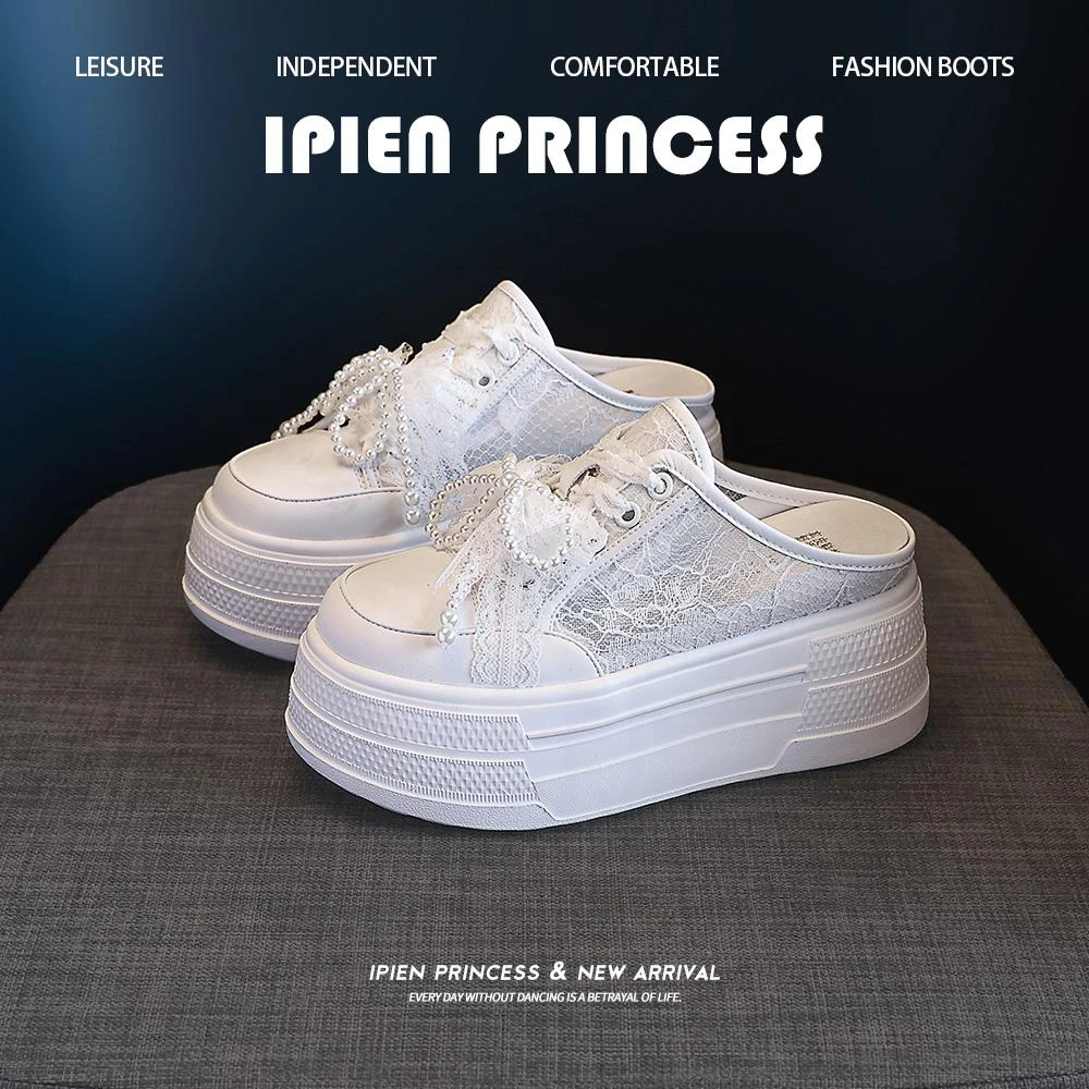 网面透气松糕鞋一脚蹬增高半拖鞋女2025新款夏季厚底包头休闲鞋子