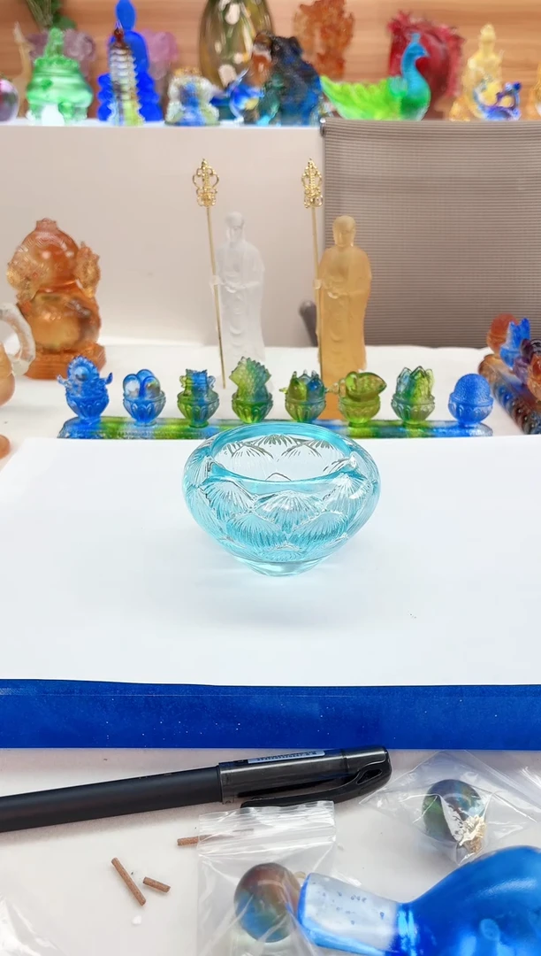 手工艺品琉璃天青色圆满供水杯8*4.5公分
