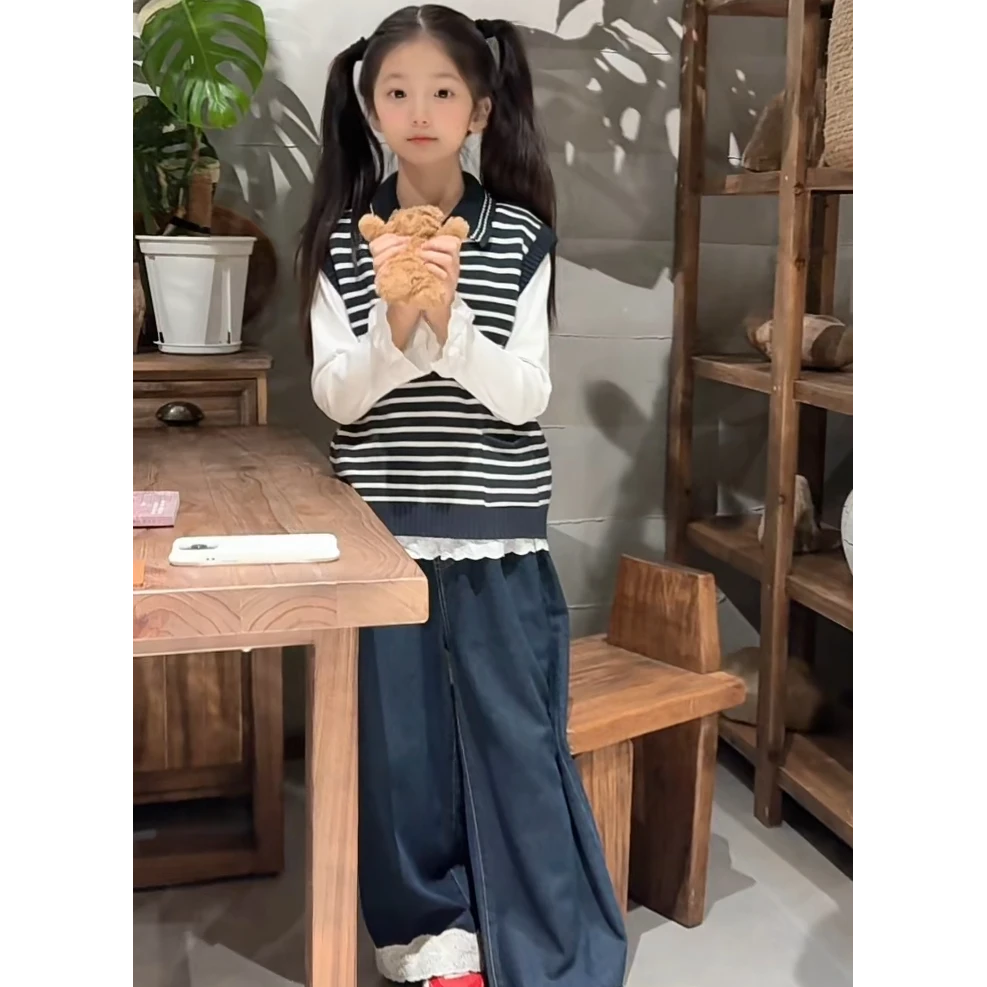 女童2025秋季新款韩版条纹毛衣马甲三件套中大童时髦洋气花边套装
