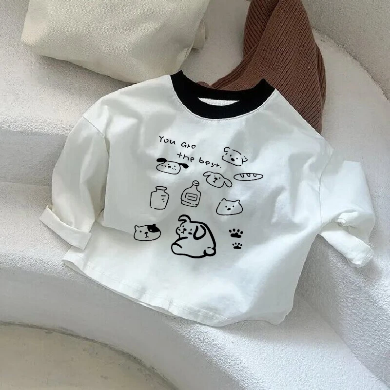 春秋新款儿童拼色圆领纯棉打底衫长袖男女宝宝卡通印花T恤上衣