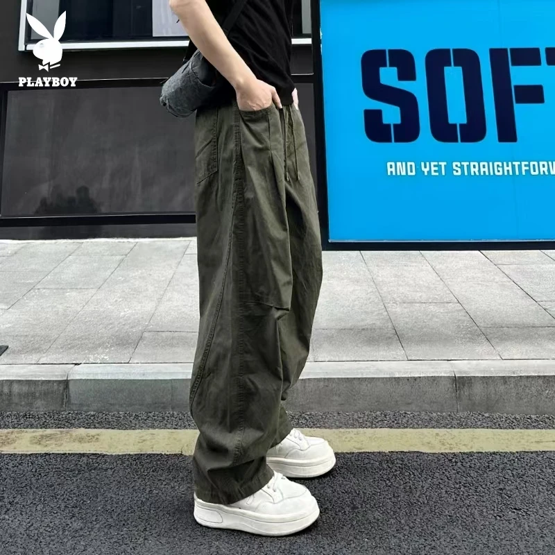 花花公子美式潮流纯棉军绿色工装裤男秋季垂感宽松直筒休闲长裤潮