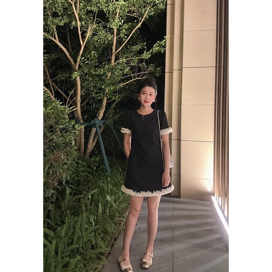 木耳边韩系气质短袖连衣裙夏季新款显瘦法式短裙8239