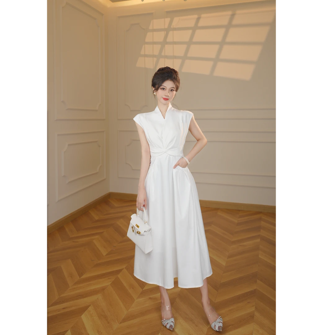 【张小小】【有里布】大方得体独特漂亮法式气质轻奢白色连衣裙D2954