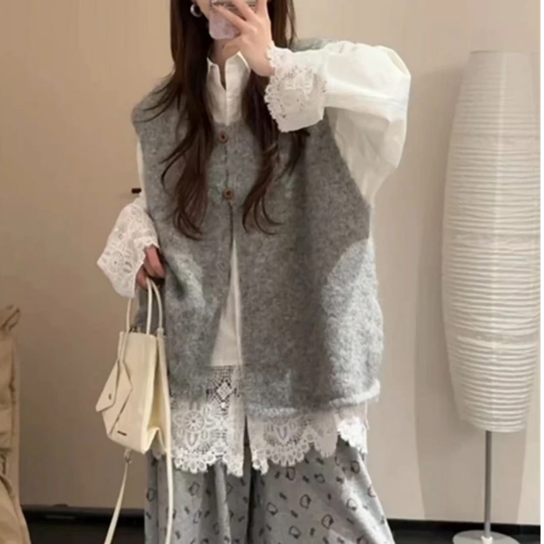 大码胖MM韩版设计感马甲+裤子+衬衫蕾丝边休闲风气质时尚百搭