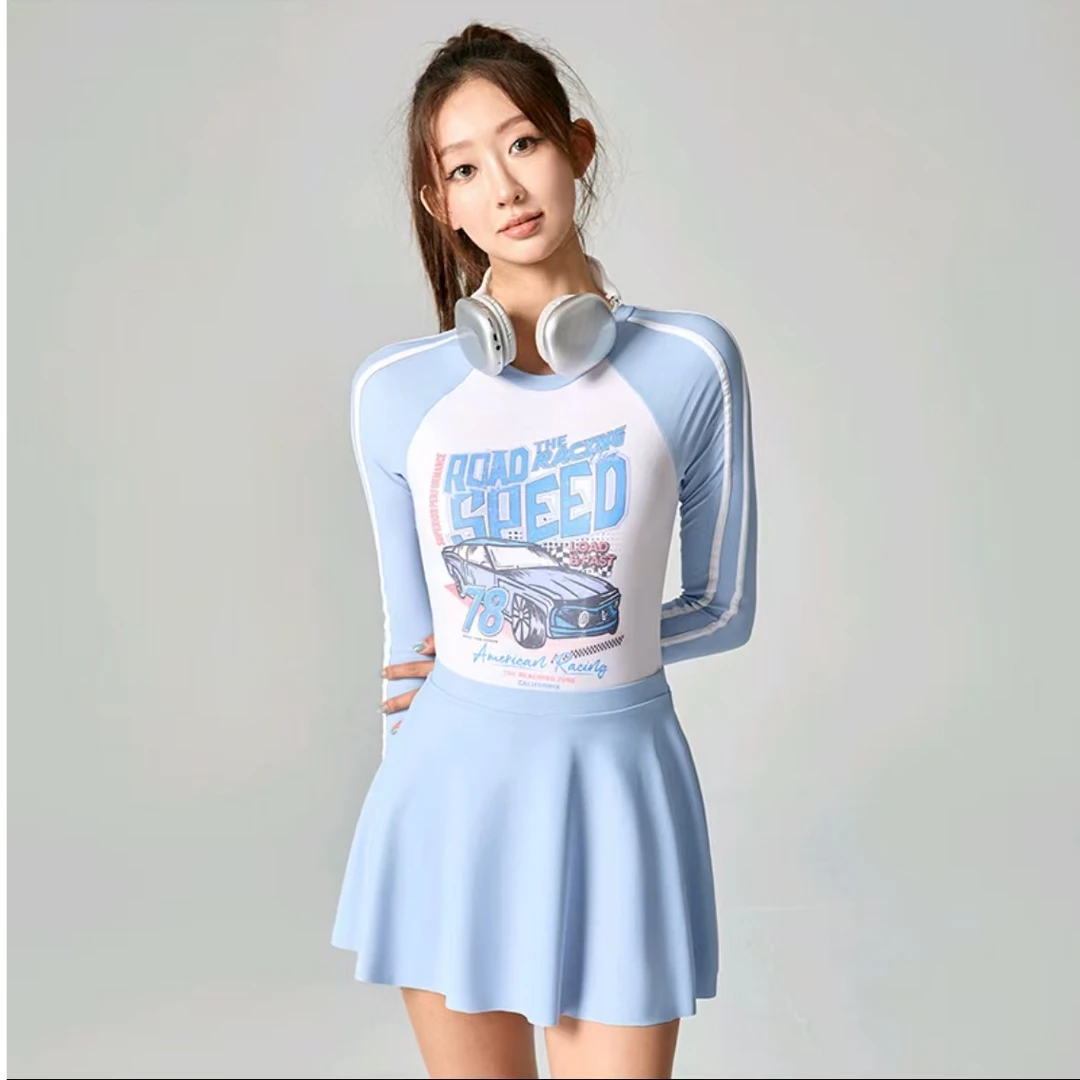 2025新款长袖防晒裙式二件套保守遮肚显瘦温泉度假运动泳装