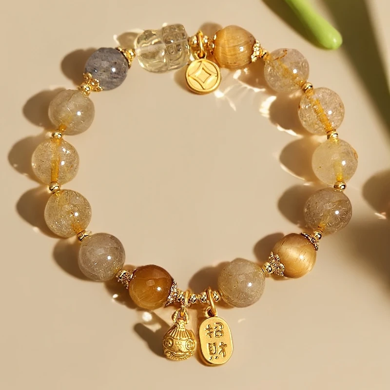 天然金发晶水晶月光石手链吞金兽虎眼石手串财富石 带证书