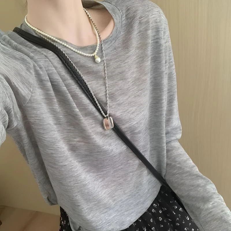 2025新款宽松灰色防晒罩衫女装百搭冰丝面膜T恤夏季长袖薄款上衣