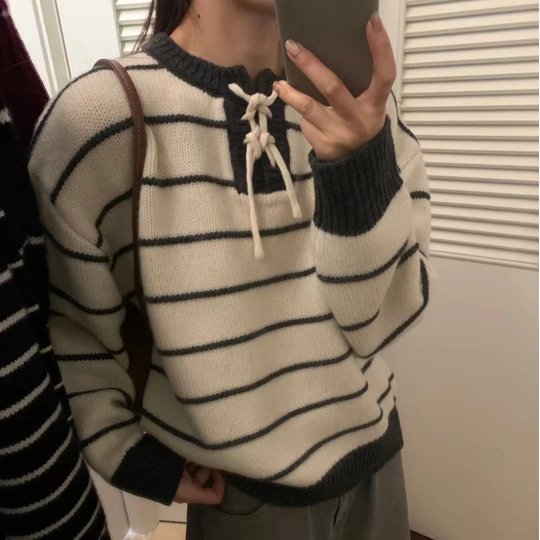 【YIYI】系带条纹~韩系全羊毛设计感系带条纹圆领套头