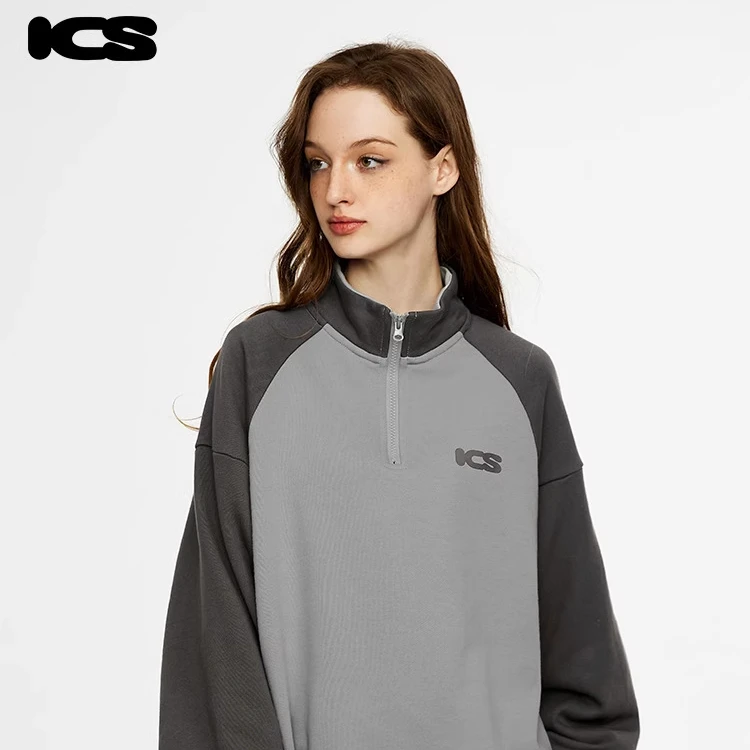 iconslab撞色插肩袖拉链立领套头卫衣美式复古男女同款休闲上衣潮