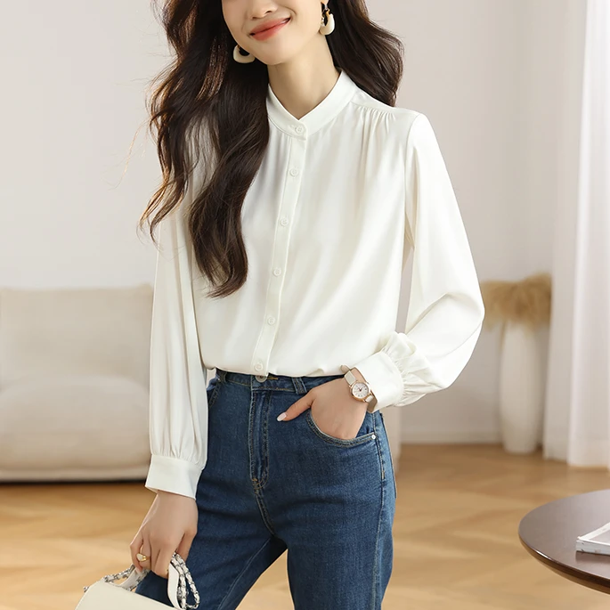 【心境】春季立领白衬衫女长袖简约气质通勤休闲轻职风设计感上衣