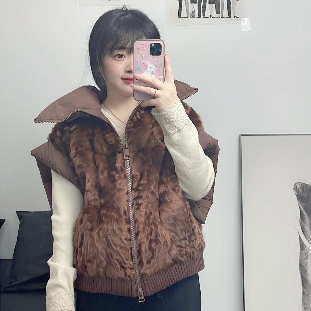 原生态小湖羊皮毛一体鹅绒服马甲海宁皮草高级轻奢拉链百搭外女套