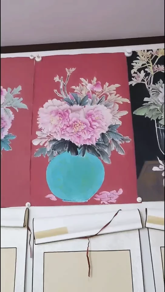 国画牡丹作品四尺三开