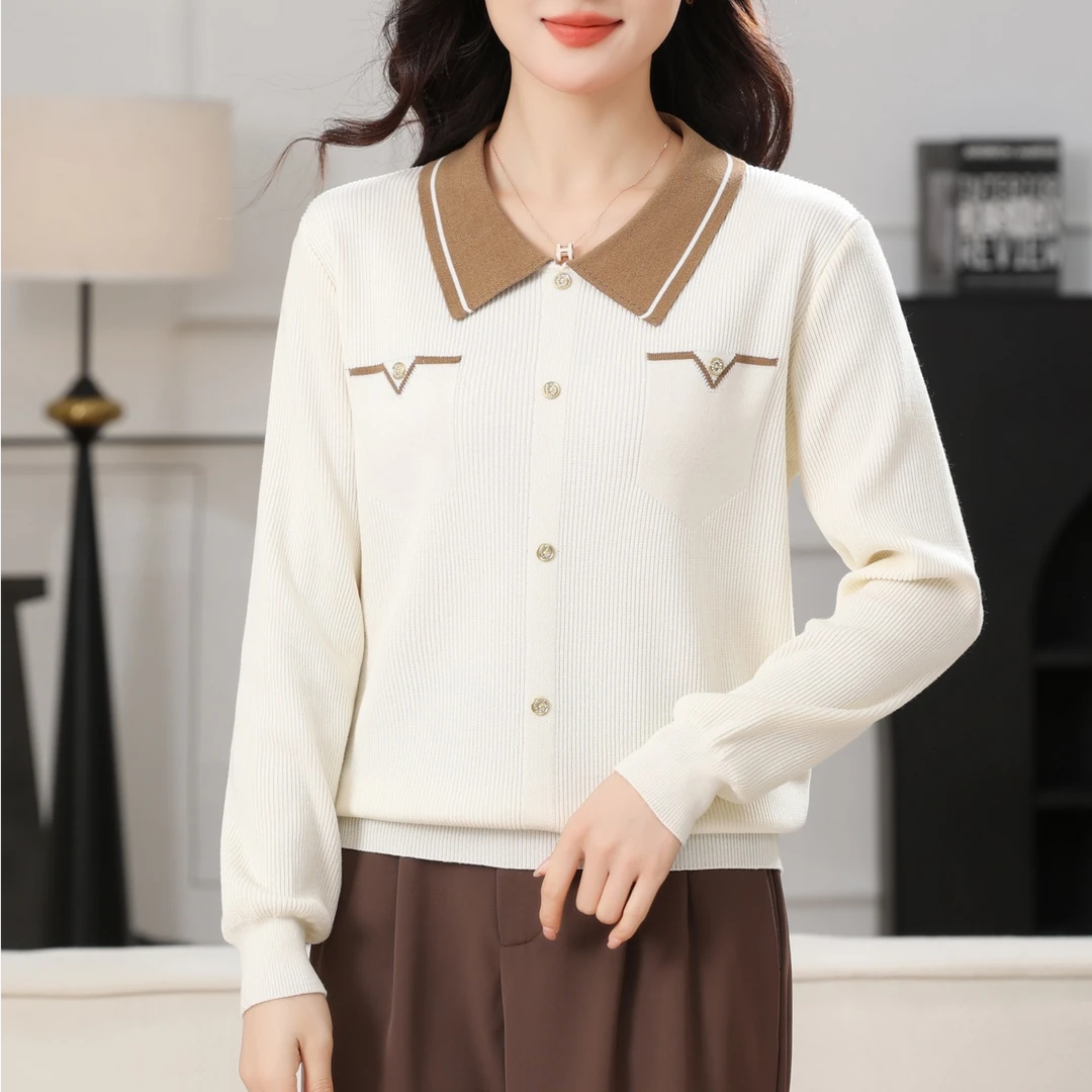 小香风新款春秋薄款气质长袖洋气百搭宽松减龄翻领大码针织衫女装