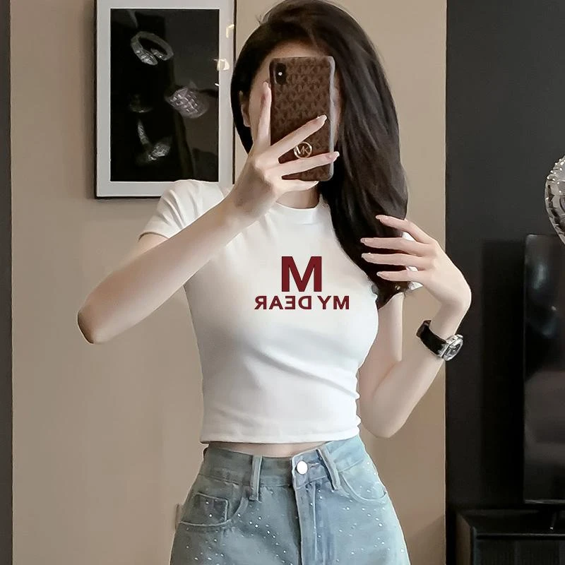 小高领显瘦短袖T恤潮高腰短款露脐时尚百搭女网红修身款印花上衣