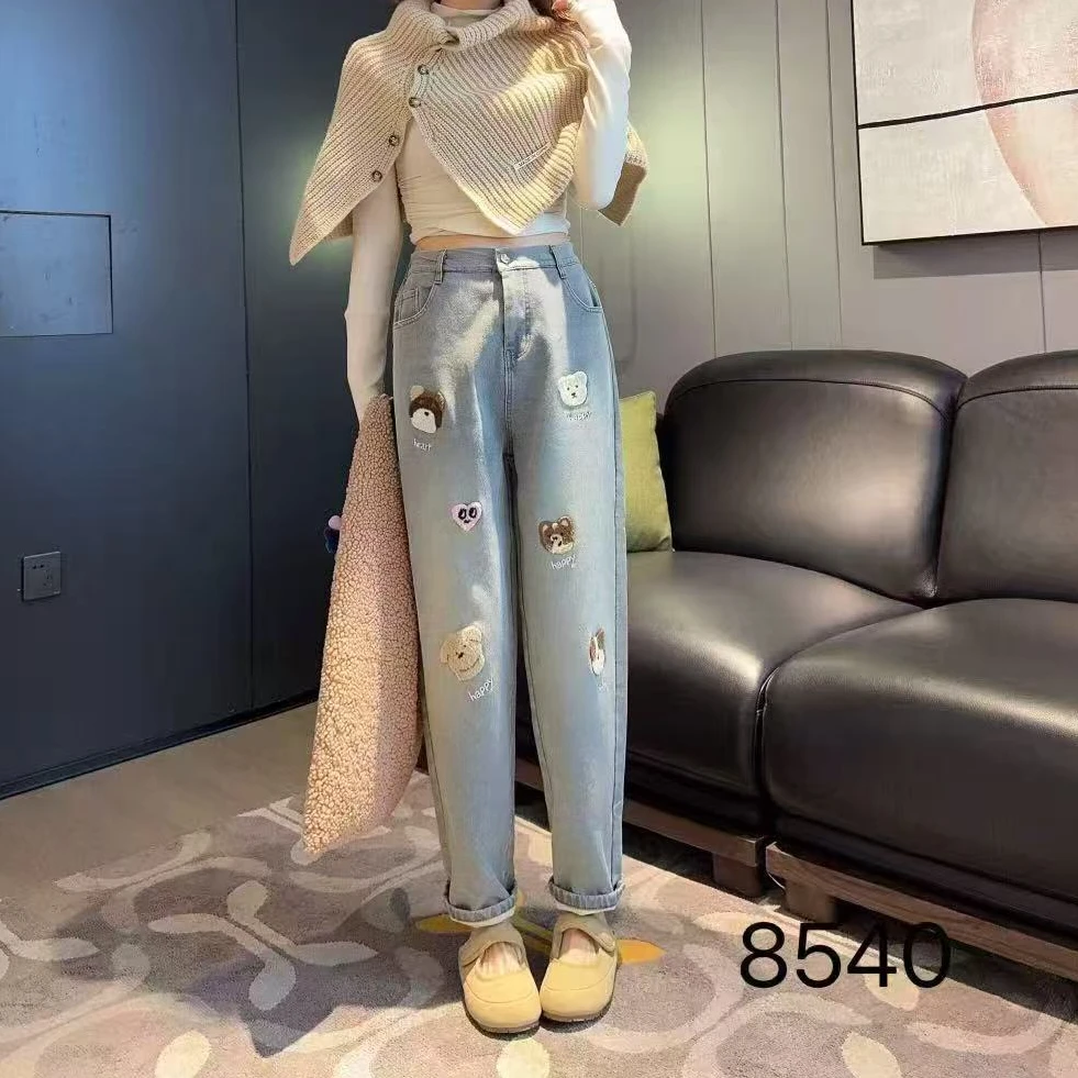 秋冬季新款特体大码230斤可穿加绒水洗刺绣时尚百搭牛仔裤8540