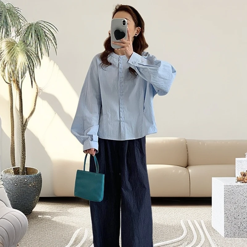 韩系高品质显瘦衬衫女2025春季高级感休闲时尚纯色圆领衬衣HH9003