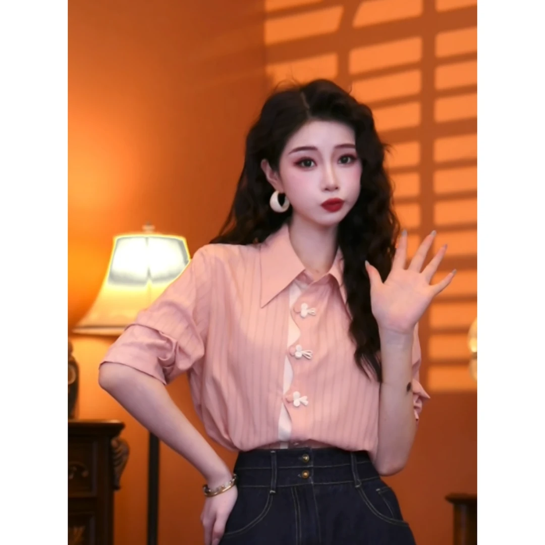 蒋肉肉【粉黛游园】港味复古时尚气质短袖上衣02427