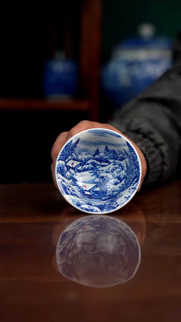 晓月窑青花雪景压手杯