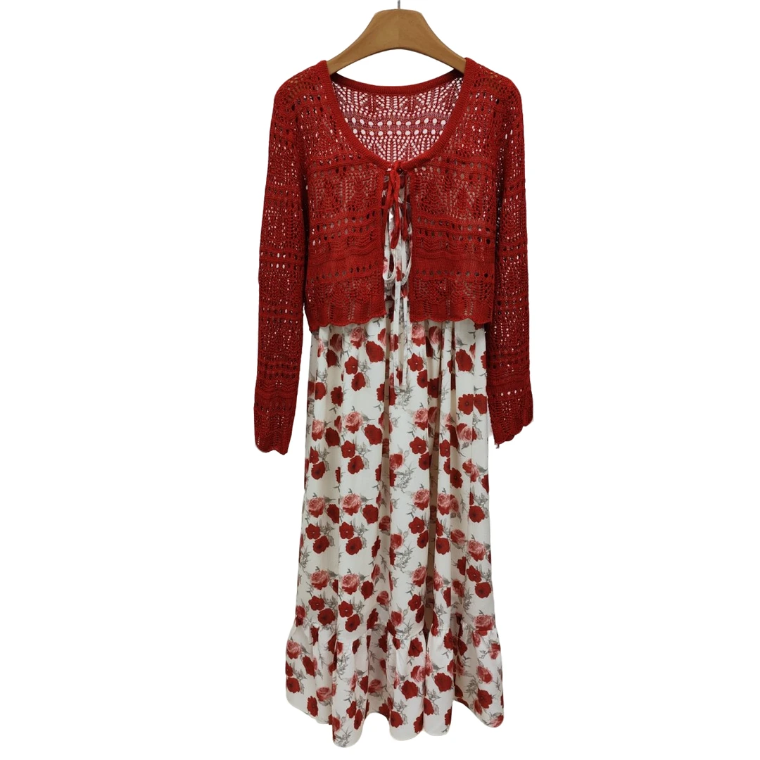 YITONG/倚桐2025夏季气质碎花连衣裙镂空外披两件套（E5462323）