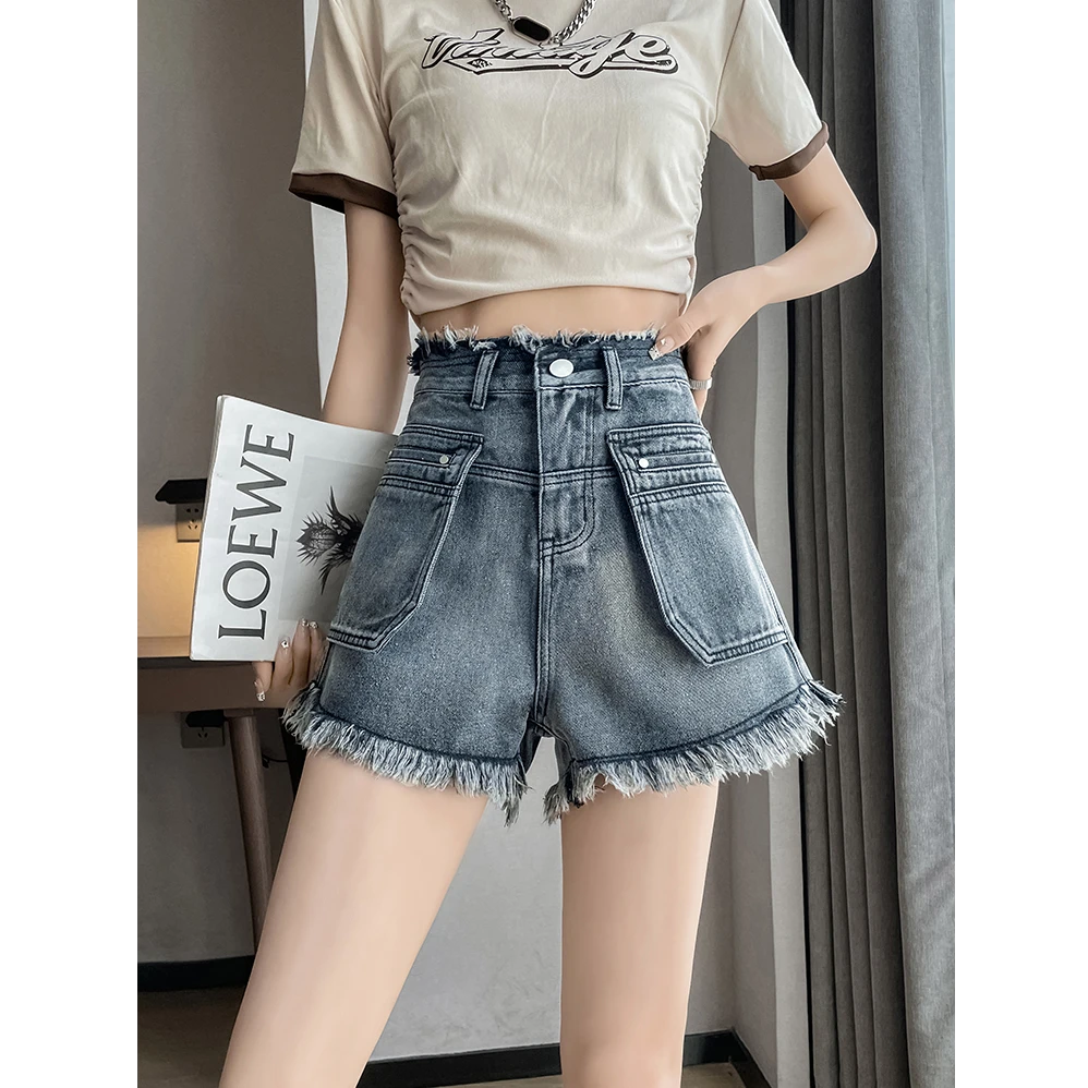 高腰牛仔短裤女夏薄款2025年新款宽松显瘦小个子a字阔腿毛边热裤