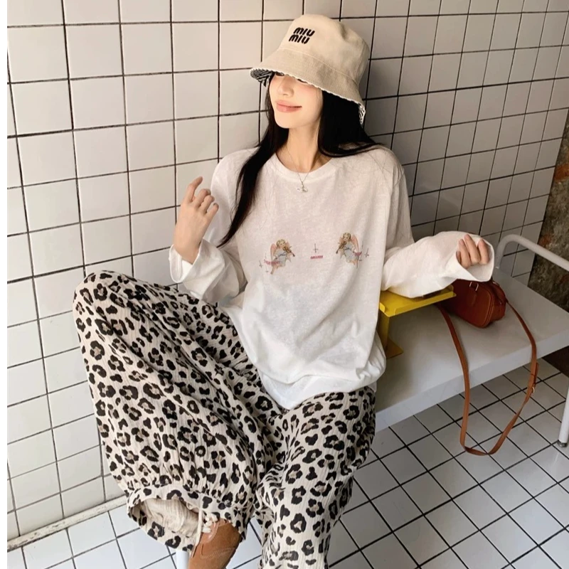 慵懒风套装宽松微透长袖T恤女夏季垂感豹纹休闲裤两件套