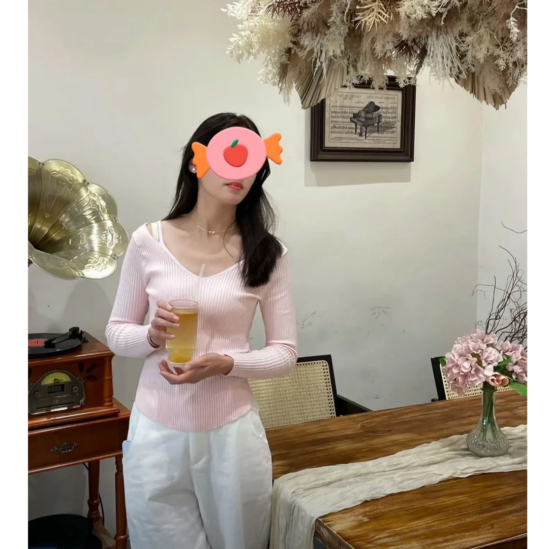 【ASKYO】智秀打底衣修身收腰纯色粉色秋冬套头针织毛衣（默认微瑕）