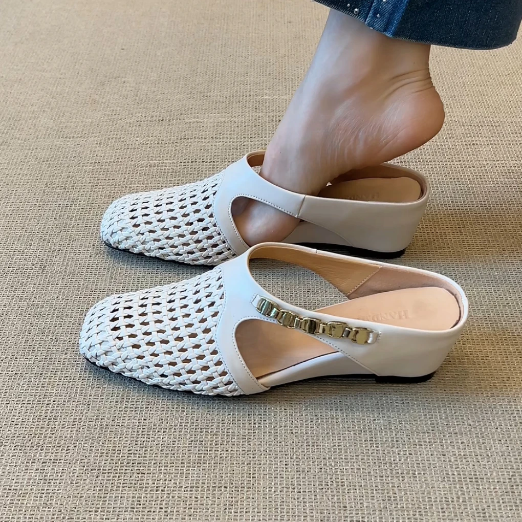 RubyL/5.5cm夏季新款简约编织休闲镂空舒适内增高百搭包头拖女款