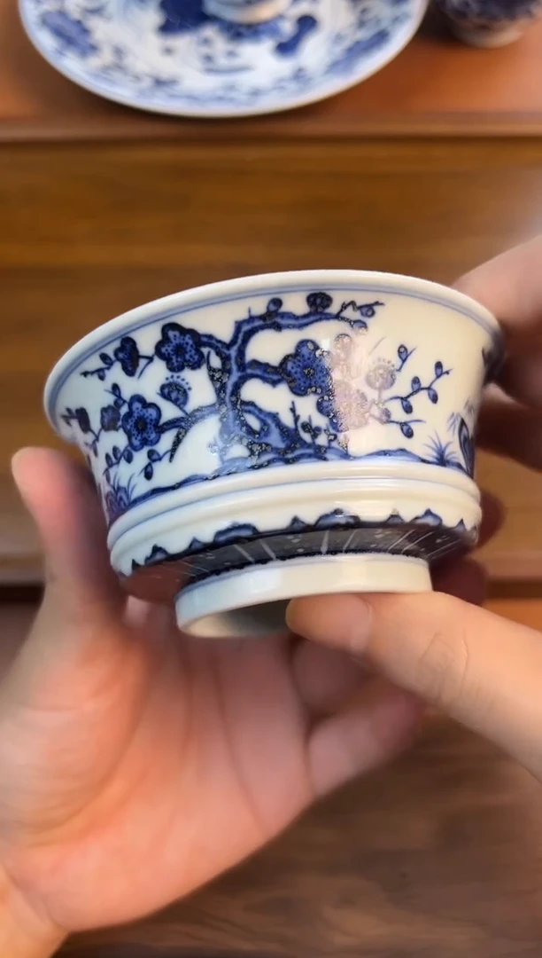 问青坊纯手工手绘青花松竹梅柴窑马蹄杯