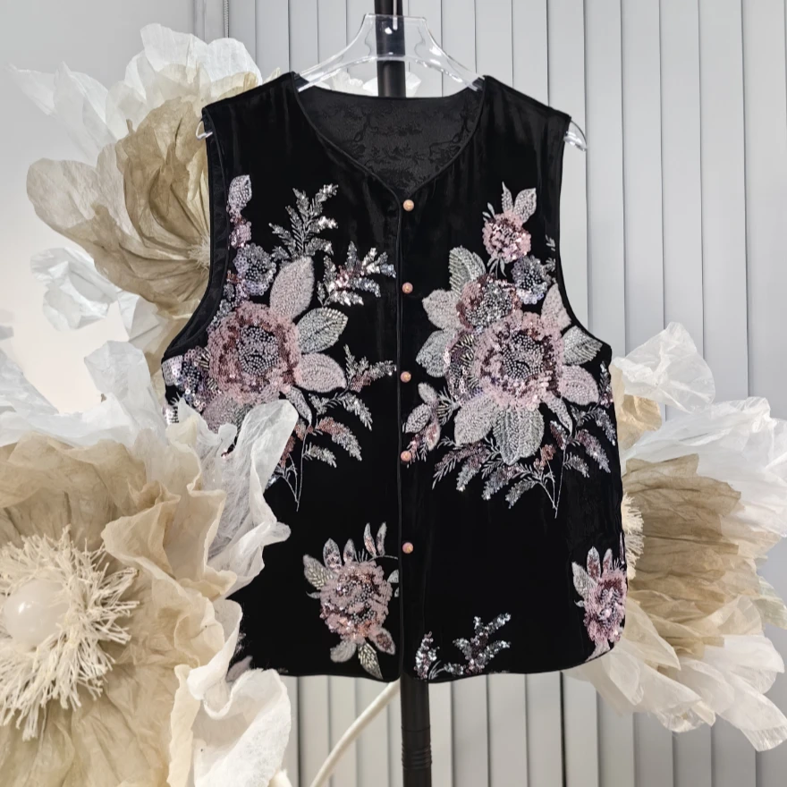 24331545【声声慢】新中式国风丝绒钉珠刺绣马甲