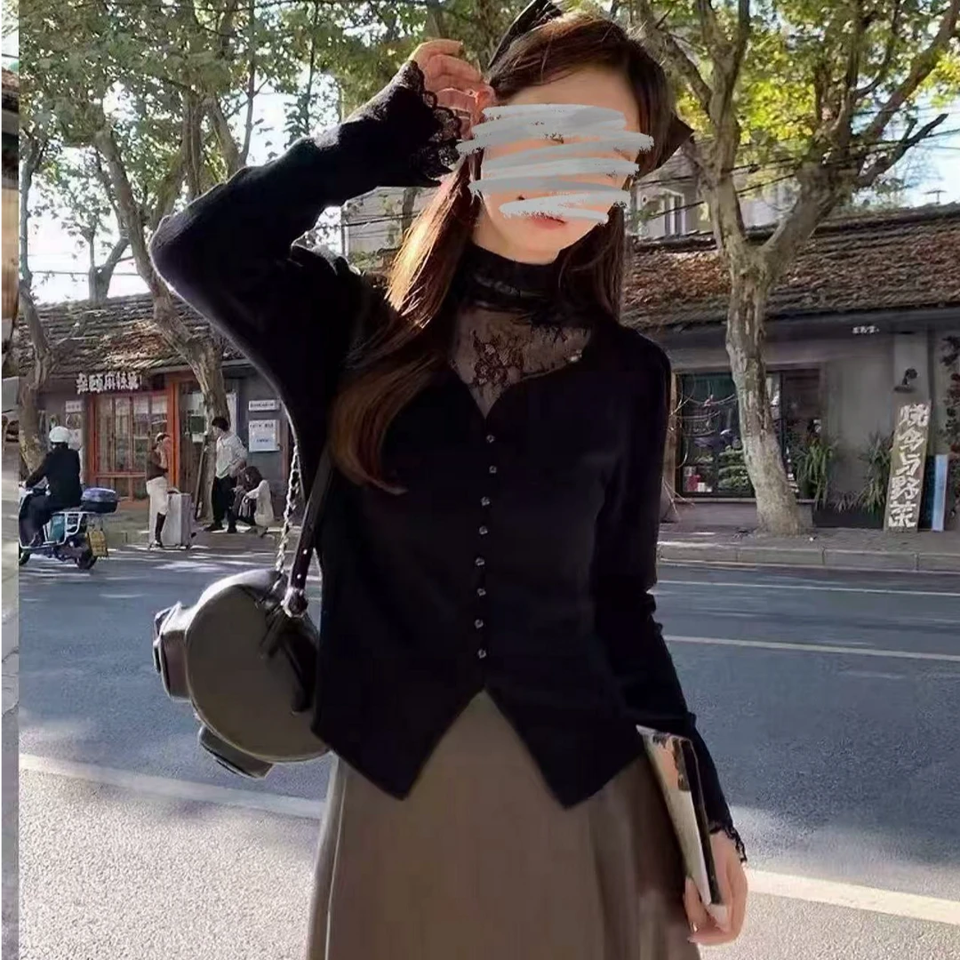 秋冬季甜美辣妹风蕾丝拼接正肩显瘦半高领T恤