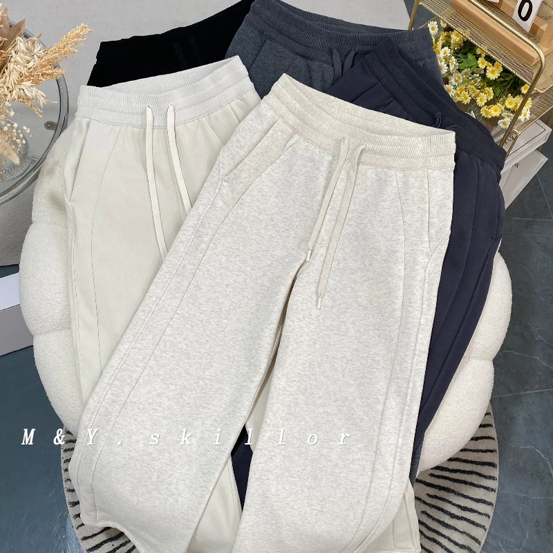 阔腿裤女秋冬加绒保暖高腰抽绳运动休闲直筒裤