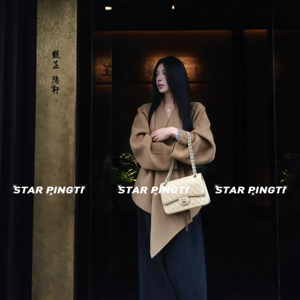 双面羊毛大衣女秋冬季千金名媛气质翻领系带收腰显瘦短款毛呢外套