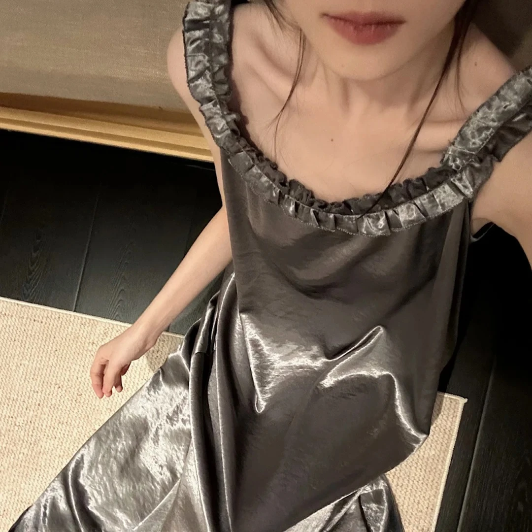 2025新款冰丝轻奢黑珍珠公主睡裙女夏季甜美花边设计感家居服睡衣