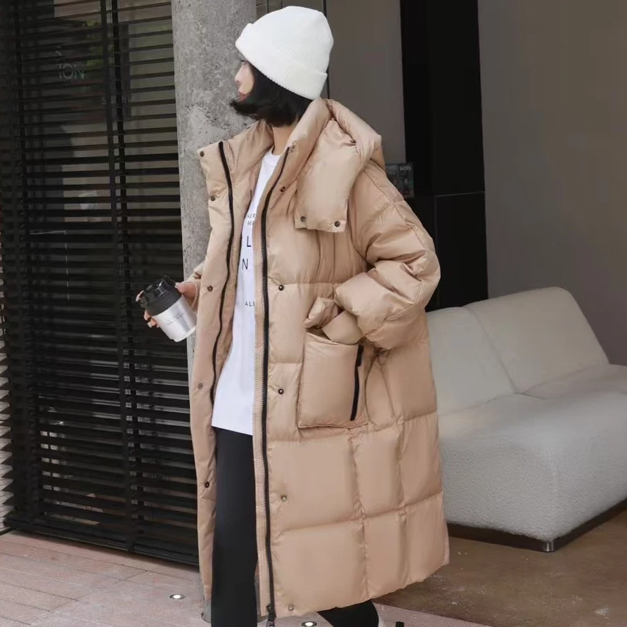 【90白鸭绒】正品韩版高级时尚连帽保暖中长款泡芙加厚被子款羽绒服