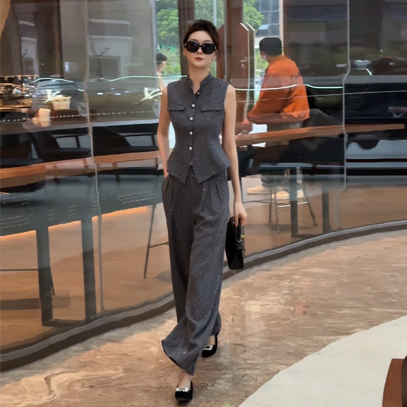 时尚星点撒银粗花呢削肩伞摆无袖马甲&直筒裤小香风组合套装TZ540