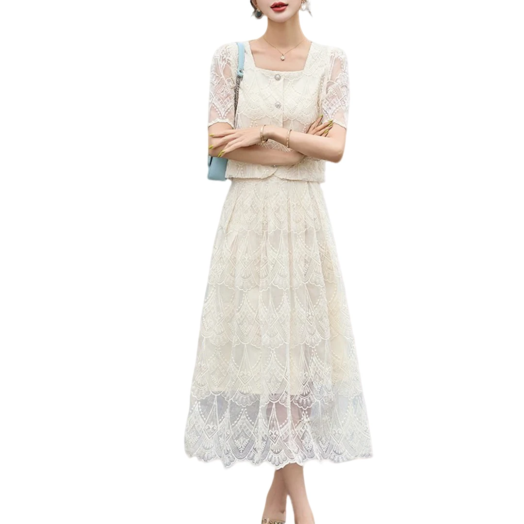 2025年新款蕾丝显瘦气质白色时尚夏季法式收腰轻奢套装RG5876