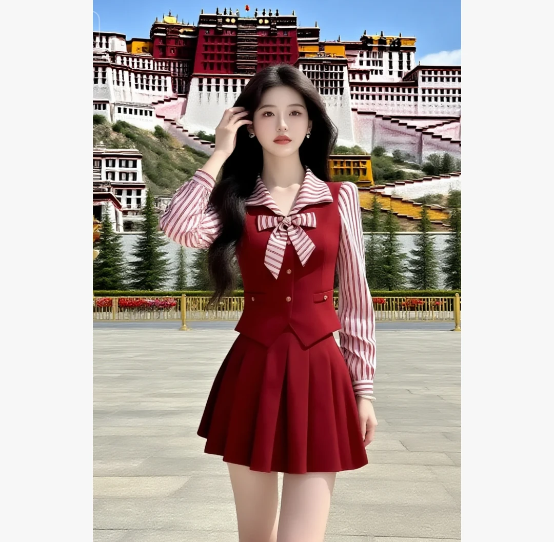 【当天发】通勤风条纹拼接长袖修身上衣+红色百搭高腰半身裙两件套