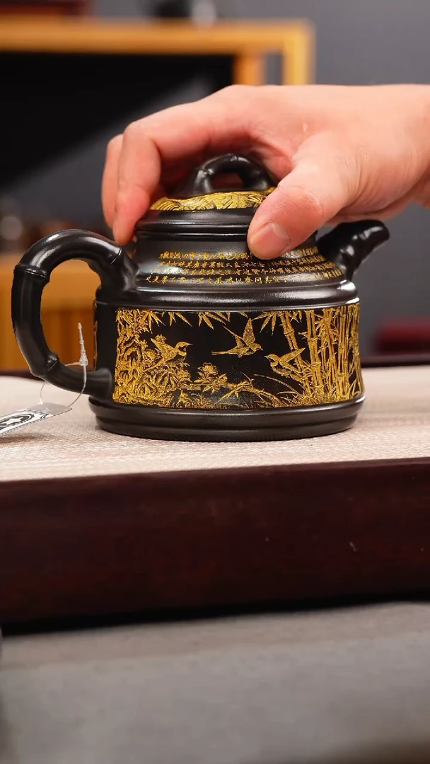 茶壶紫砂石黄 竹鼎 燕子图 描金