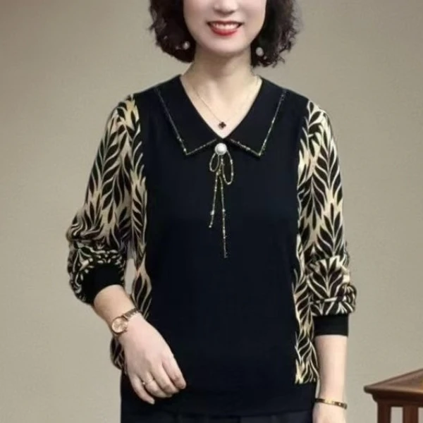 大码秋季长袖宽松休闲T恤常规中老年女装百搭显瘦气质拼接上衣