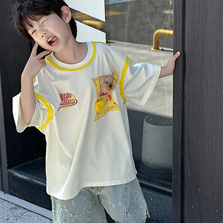 麦哟哟男童夏季短袖时尚休闲百搭潮酷帅气洋气宽松个性立体小熊